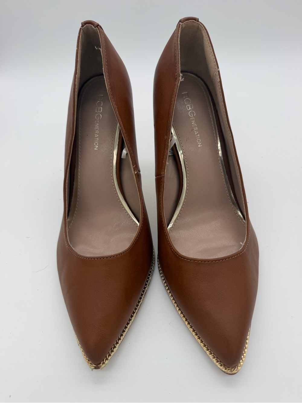 BCBGMaxAzria Brown Pointed-Toe Leather Pumps with Gold Chain Accent